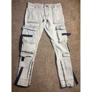 Rockstar Original Mens Light Wash Denim Cargo Jeans Tactical Straps Size 36